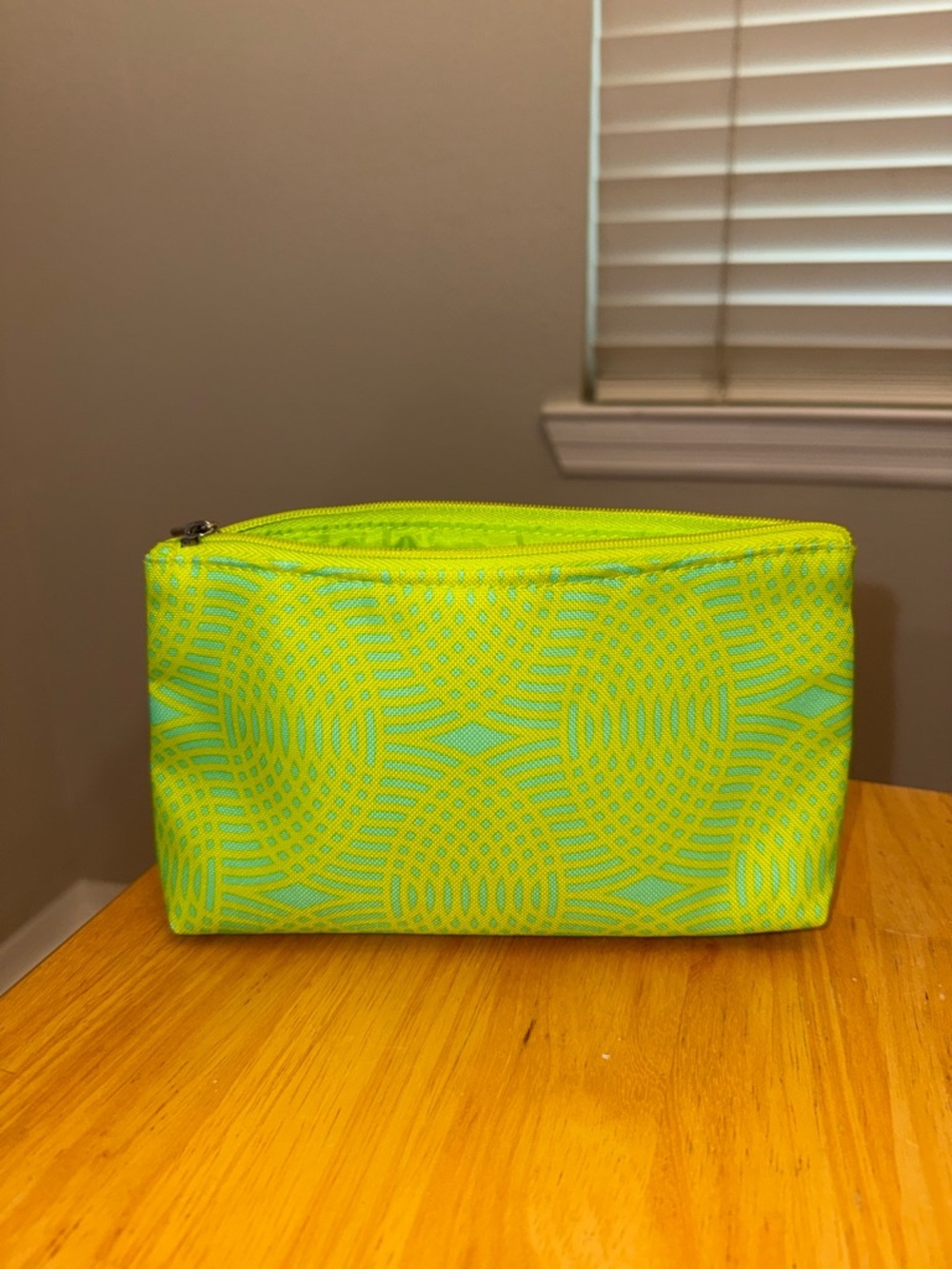 Clinique Neon Green Yellow Aqua Patterned Zip Cosmetic Makeup Bag 💚